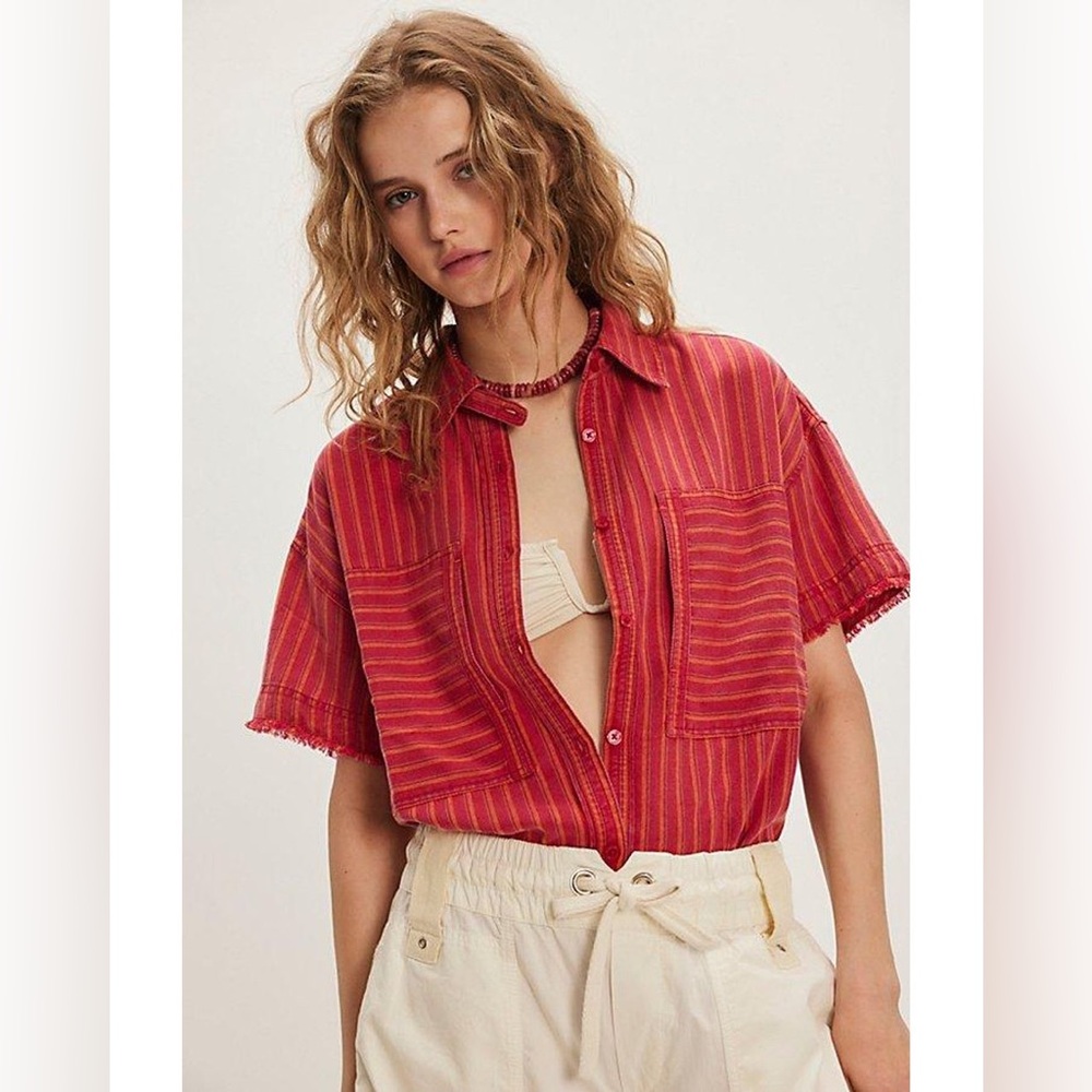 Free People Christopher Linen Oversized Button Front Shirt in Red, Size Large